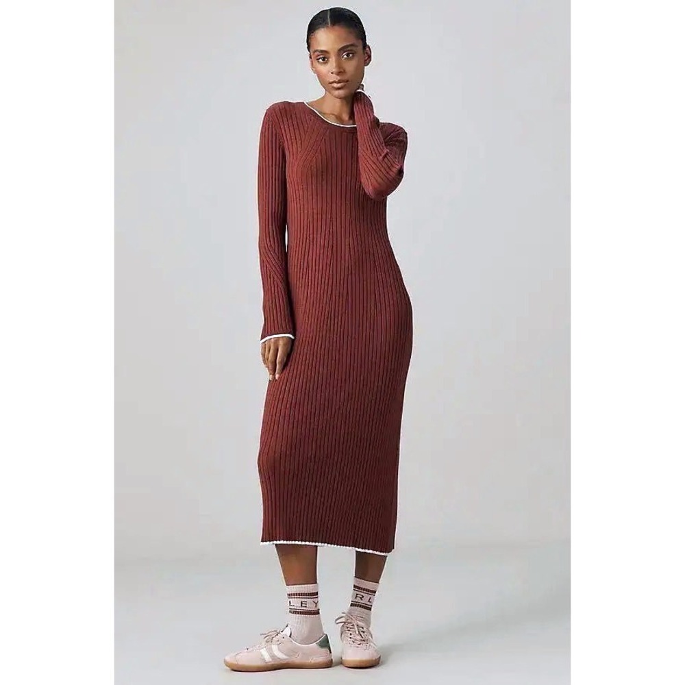 NWT Varley Xander Midi Dress Sz L Long Sleeve Ribbed Knit Maroon Wine $178